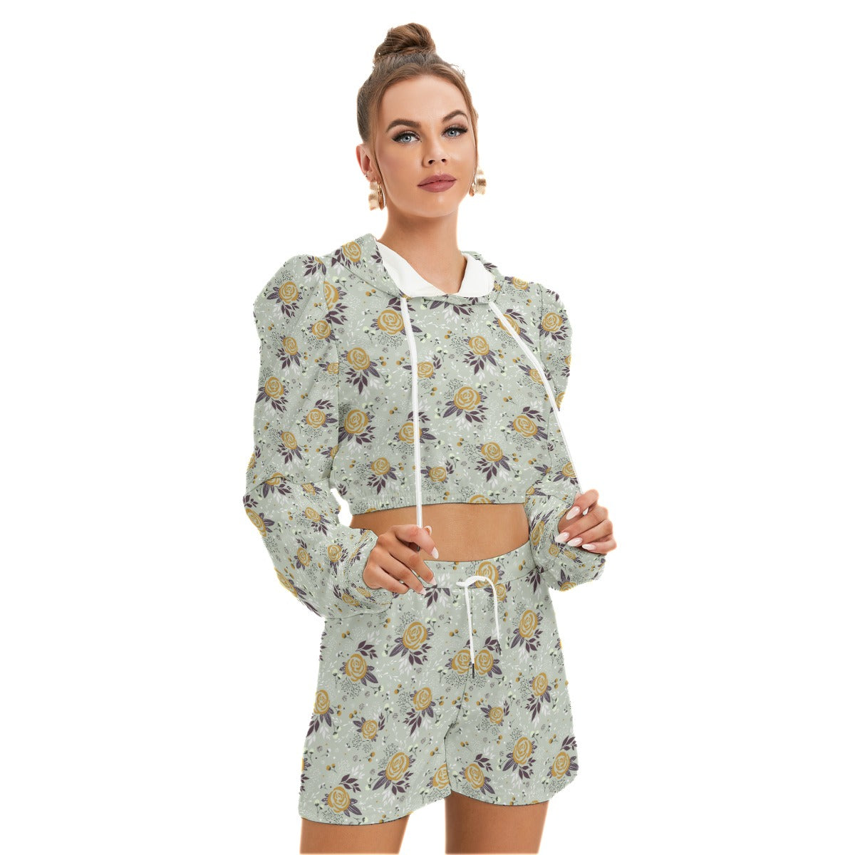 Cute Tan Flowers Women's Micro Fleece Hoodie And Shorts Set