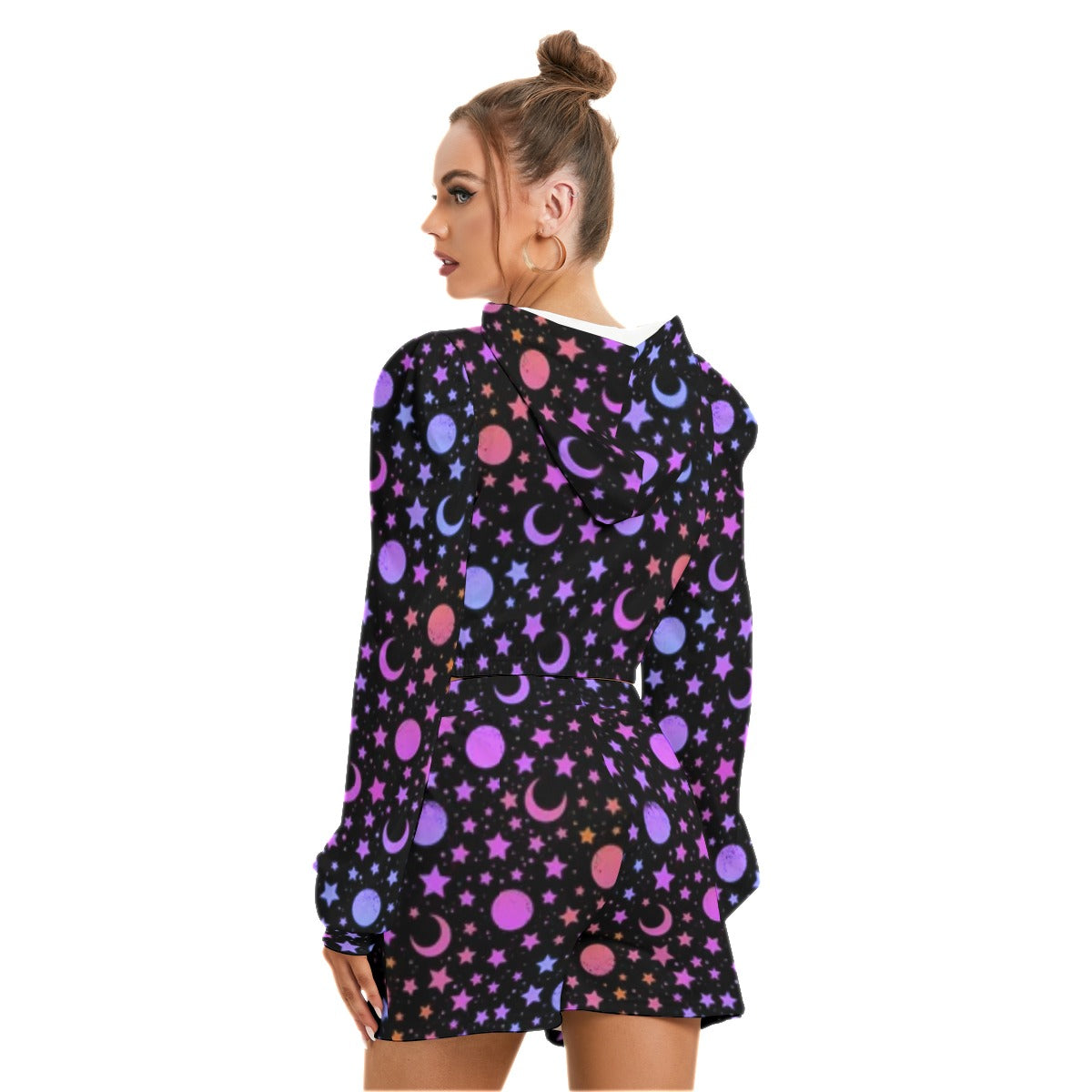 Mystical Pattern With Moon & Stars Women's Micro Fleece Hoodie And Shorts Set