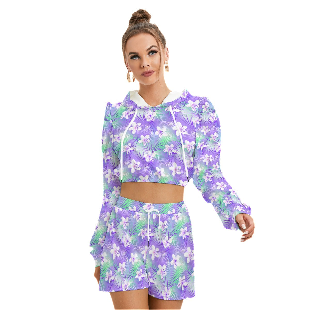 Tropical Frangipani Hibiscus With Palms Women's Micro Fleece Hoodie And Shorts Set