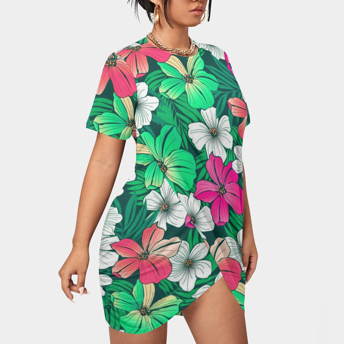 Women’s Tropical Summer Stacked Hem Dress With Short Sleeve(Plus Size)