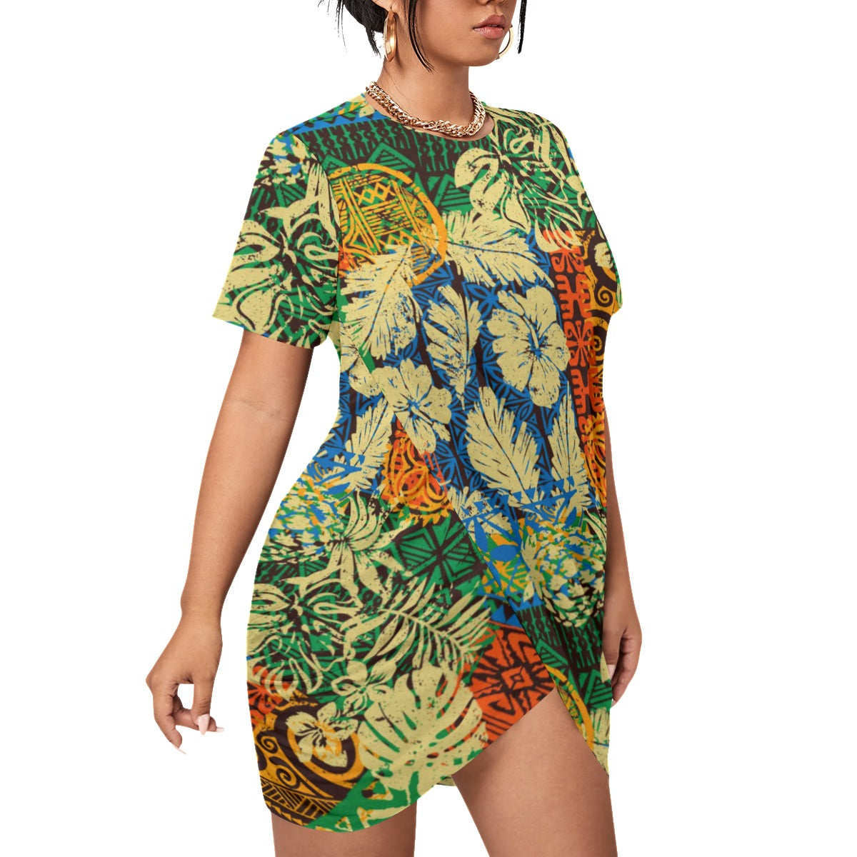 Hawaiian Style Women’s Stacked Hem Dress With Short Sleeve(Plus Size)