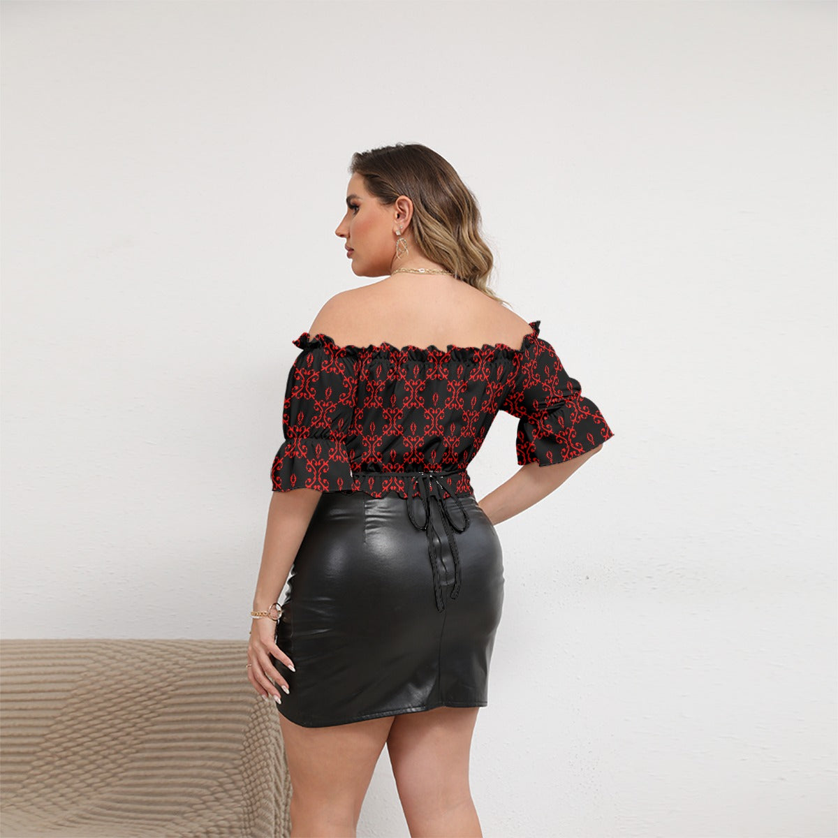 Cute Black & Red Women's Off-shoulder Cropped Top With Short Puff Sleeve