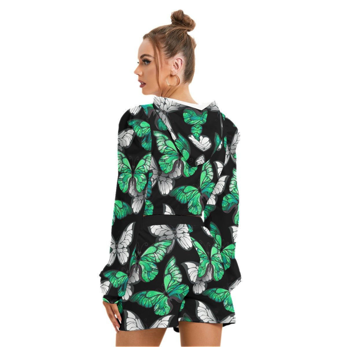 Teal & White Butterflies Women's Micro Fleece Hoodie And Shorts Set