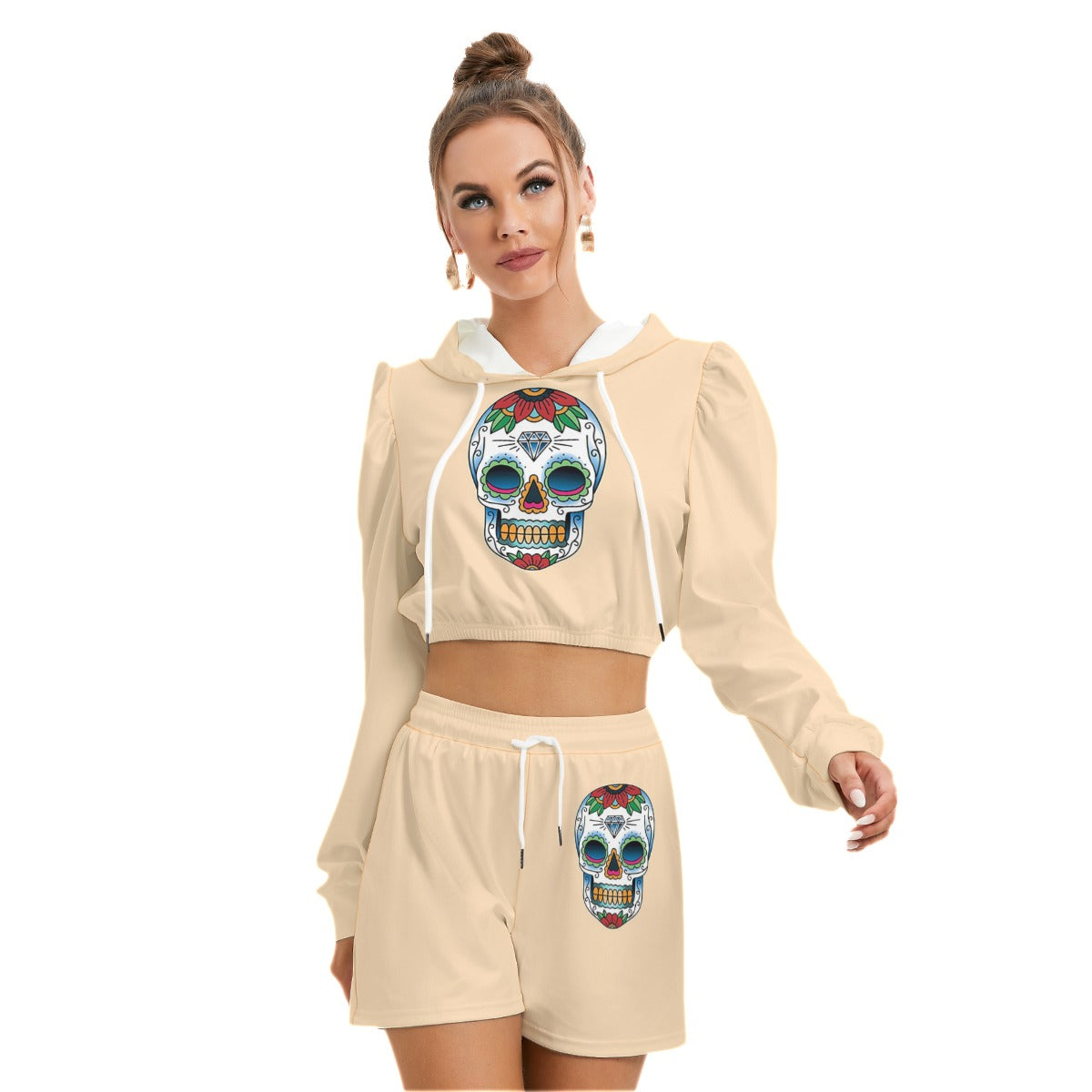 Sugar Skull Tan Women's Micro Fleece Hoodie And Shorts Set