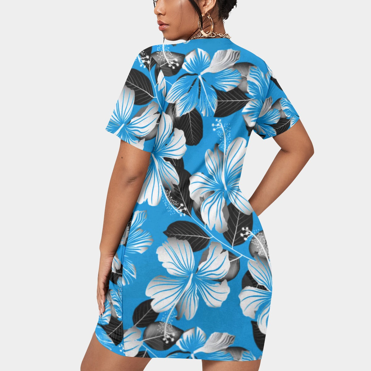 Women’s Tropic Style Stacked Hem Dress With Short Sleeve(Plus Size)