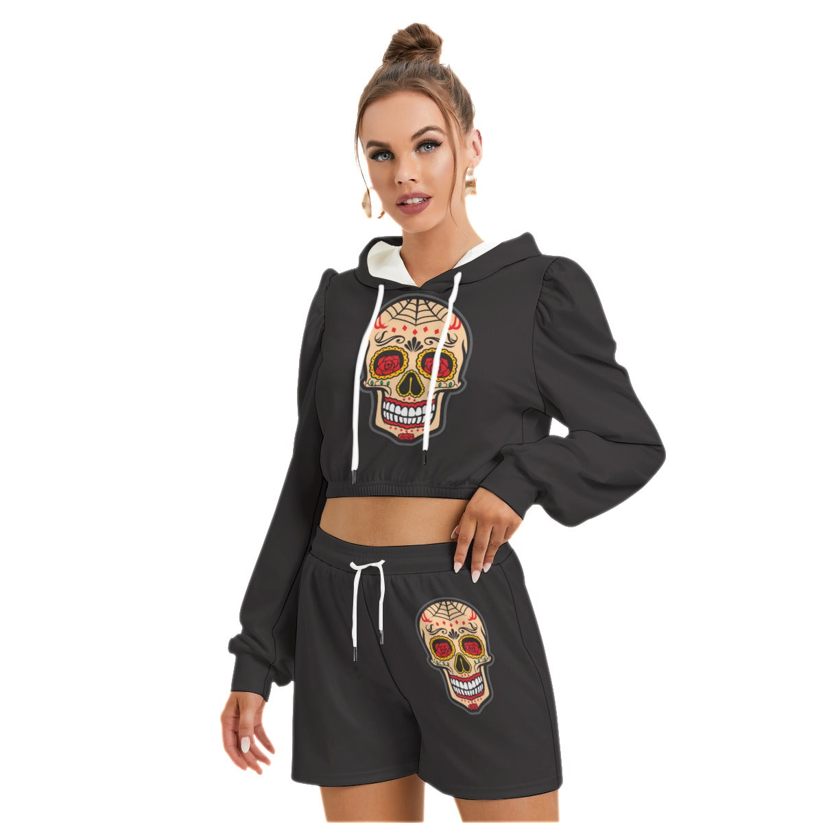 Sugar Skull Black Women's Micro Fleece Hoodie And Shorts Set