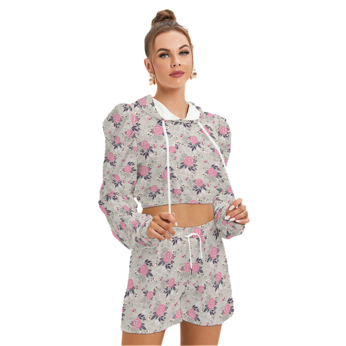Cute Pink Flowers Women's Micro Fleece Hoodie And Shorts Set