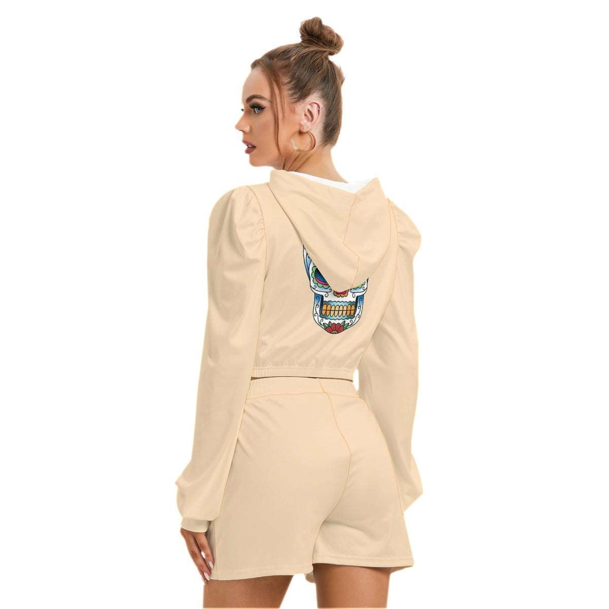 Sugar Skull Tan Women's Micro Fleece Hoodie And Shorts Set