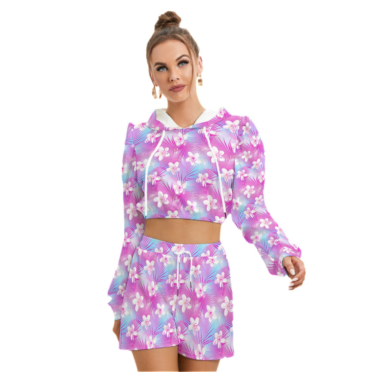 Tropical Frangipani Hibiscus With Palms Women's Micro Fleece Hoodie And Shorts Set