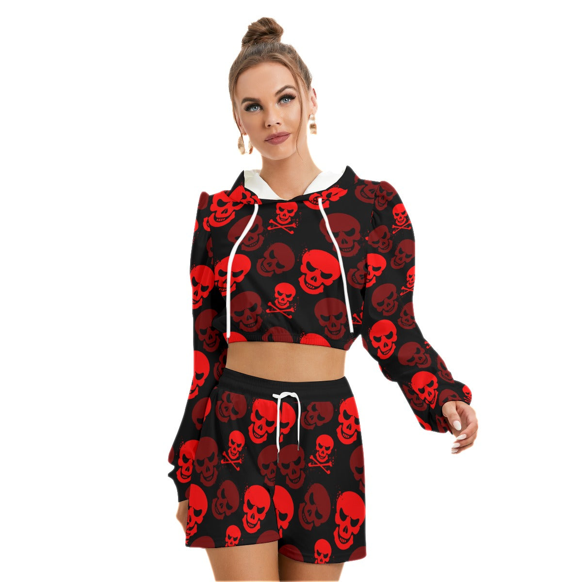 Red Skulls Women's Micro Fleece Hoodie And Shorts Set