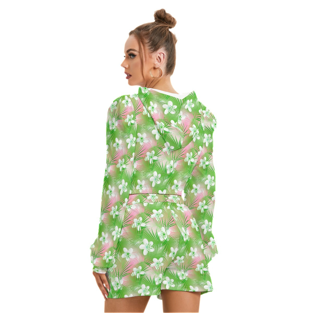 Tropical Frangipani Hibiscus With Palms Women's Micro Fleece Hoodie And Shorts Set