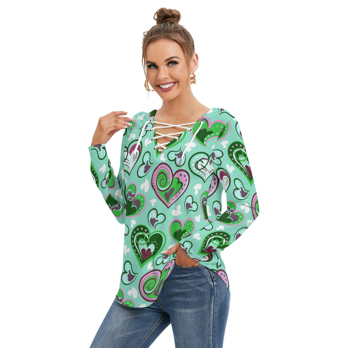Colorful Doodle Hearts Women's Long Sleeve Neckline Tie Sweatshirt
