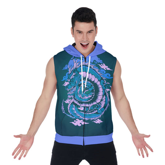 Traditional Japanese Dragon Men's Zipper-Up Sleeveless Hoodie
