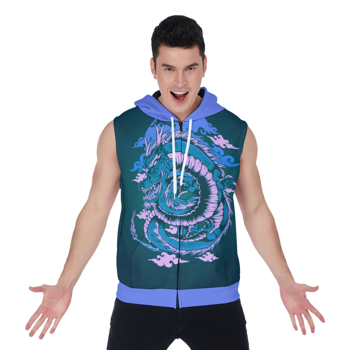 Traditional Japanese Dragon Men's Zipper-Up Sleeveless Hoodie