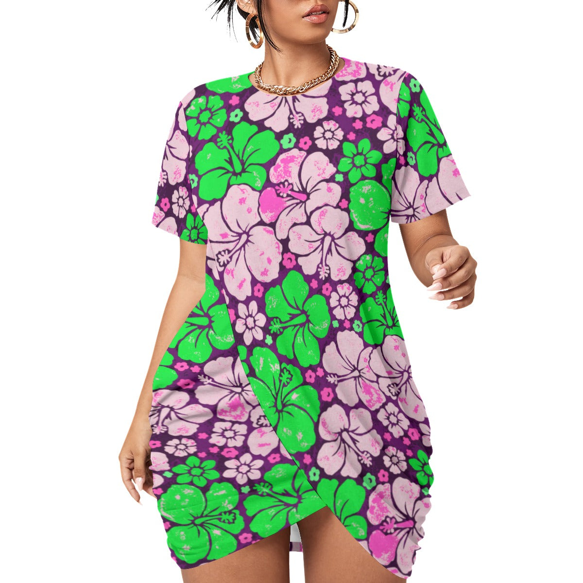 Women’s Beach Life Stacked Hem Dress With Short Sleeve(Plus Size)