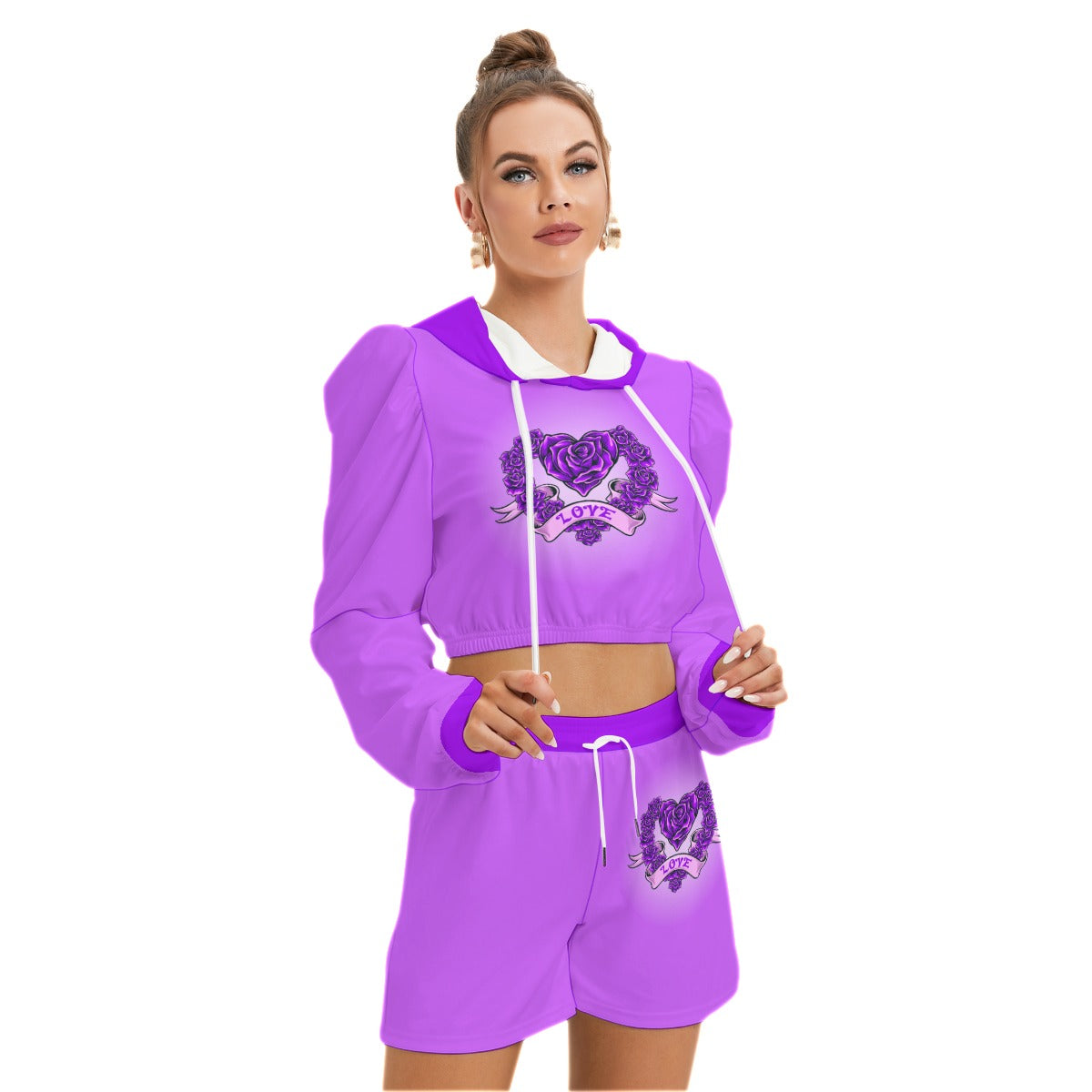 Purple Heart With Roses Women's Micro Fleece Hoodie And Shorts Set