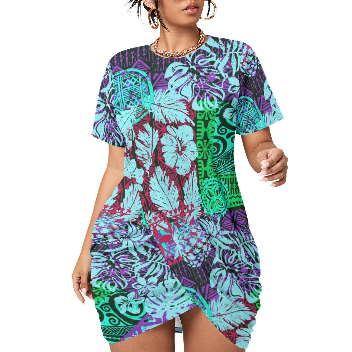 Hawaiian Style Women’s Stacked Hem Dress With Short Sleeve(Plus Size)