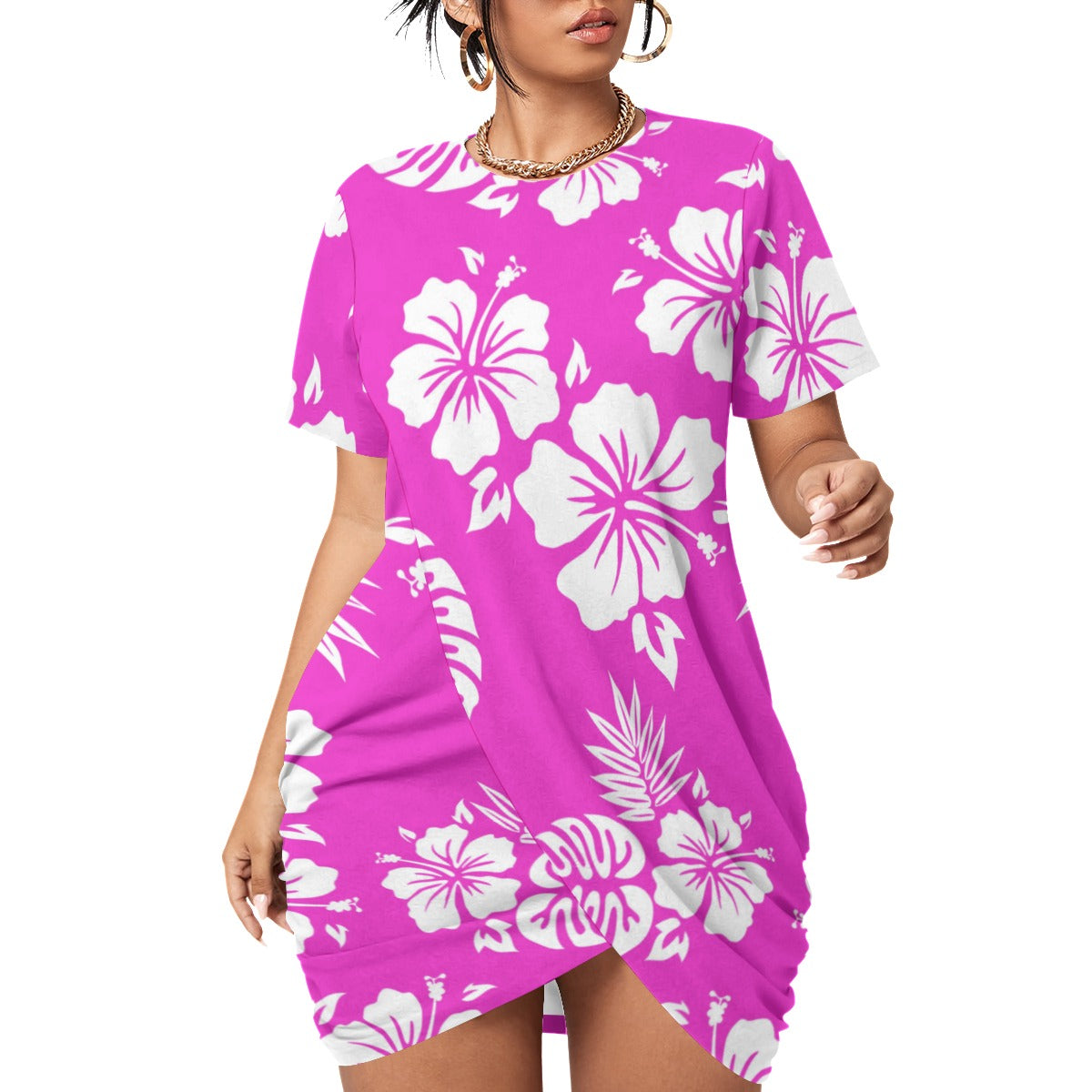 Pink Aloha Women’s Stacked Hem Dress With Short Sleeve (Plus Size)