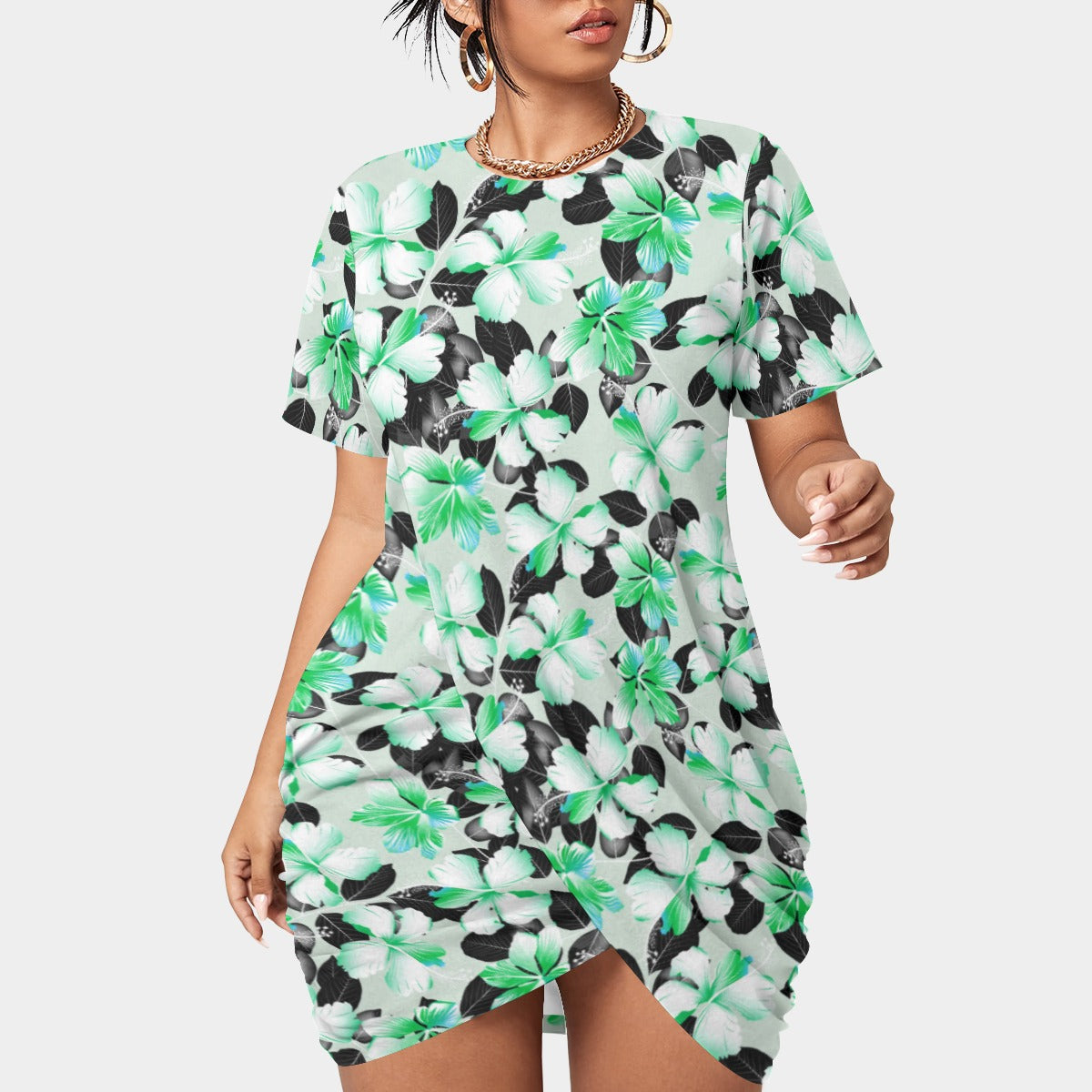 Women’s Tropic Style Stacked Hem Dress With Short Sleeve(Plus Size)