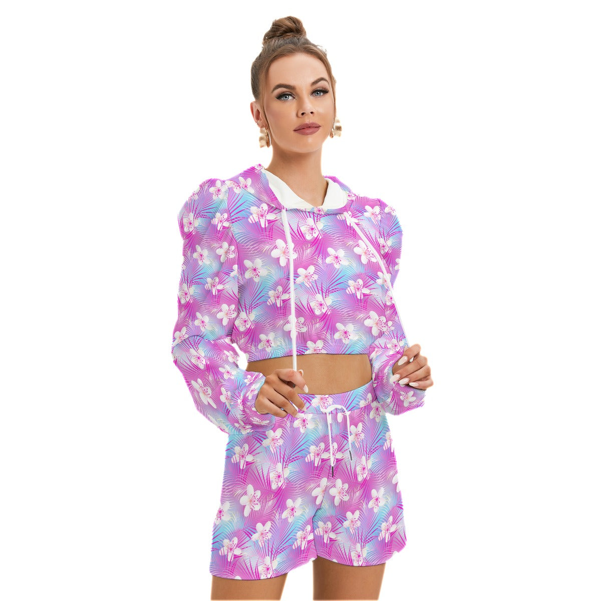 Tropical Frangipani Hibiscus With Palms Women's Micro Fleece Hoodie And Shorts Set
