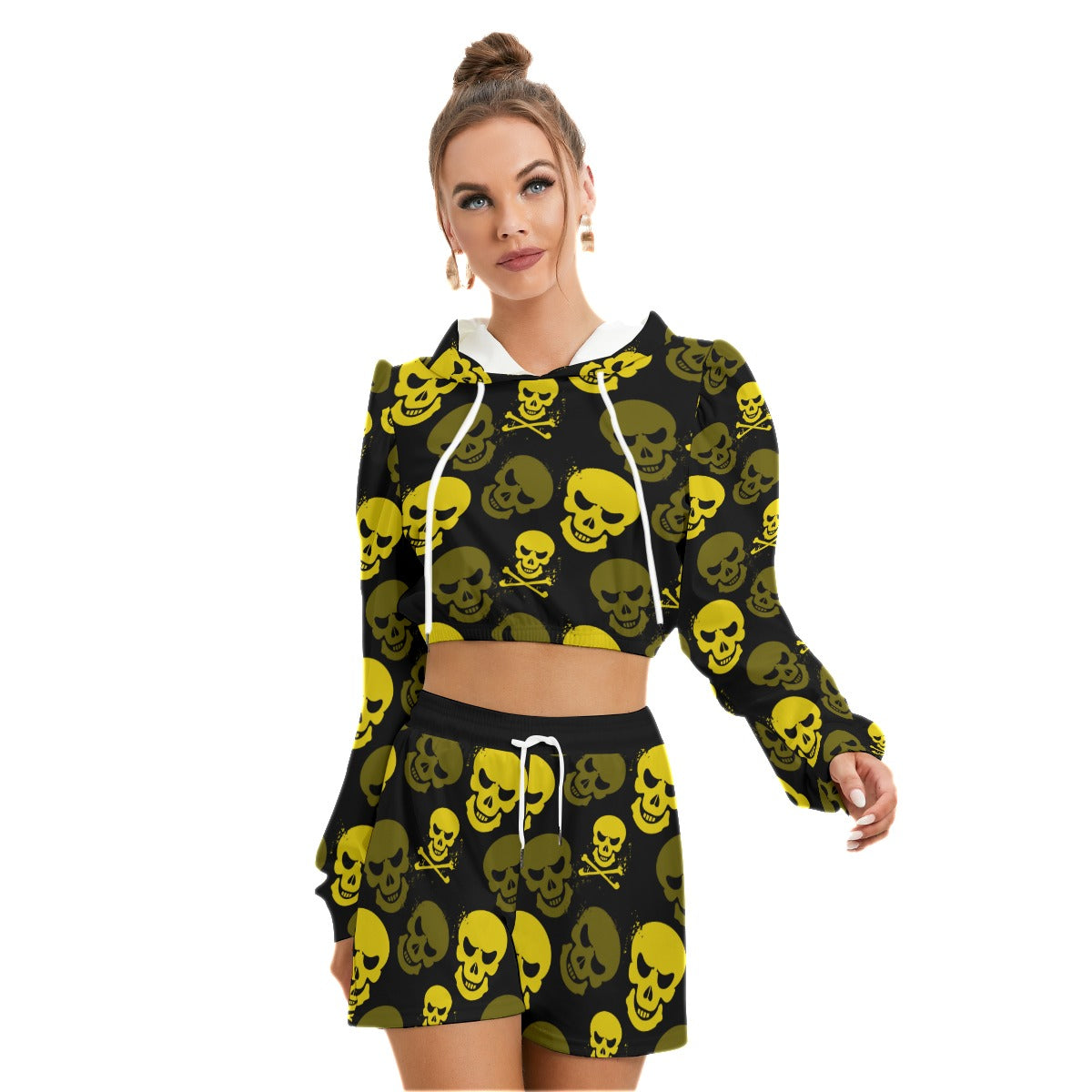 Yellow Skulls Women's Micro Fleece Hoodie And Shorts Set