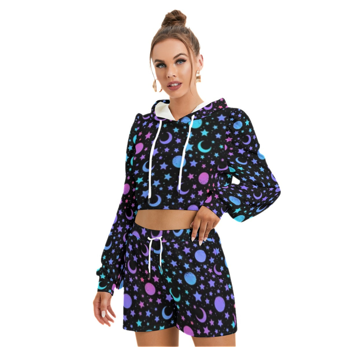 Mystical Pattern With Moon & Stars Women's Micro Fleece Hoodie And Shorts Set