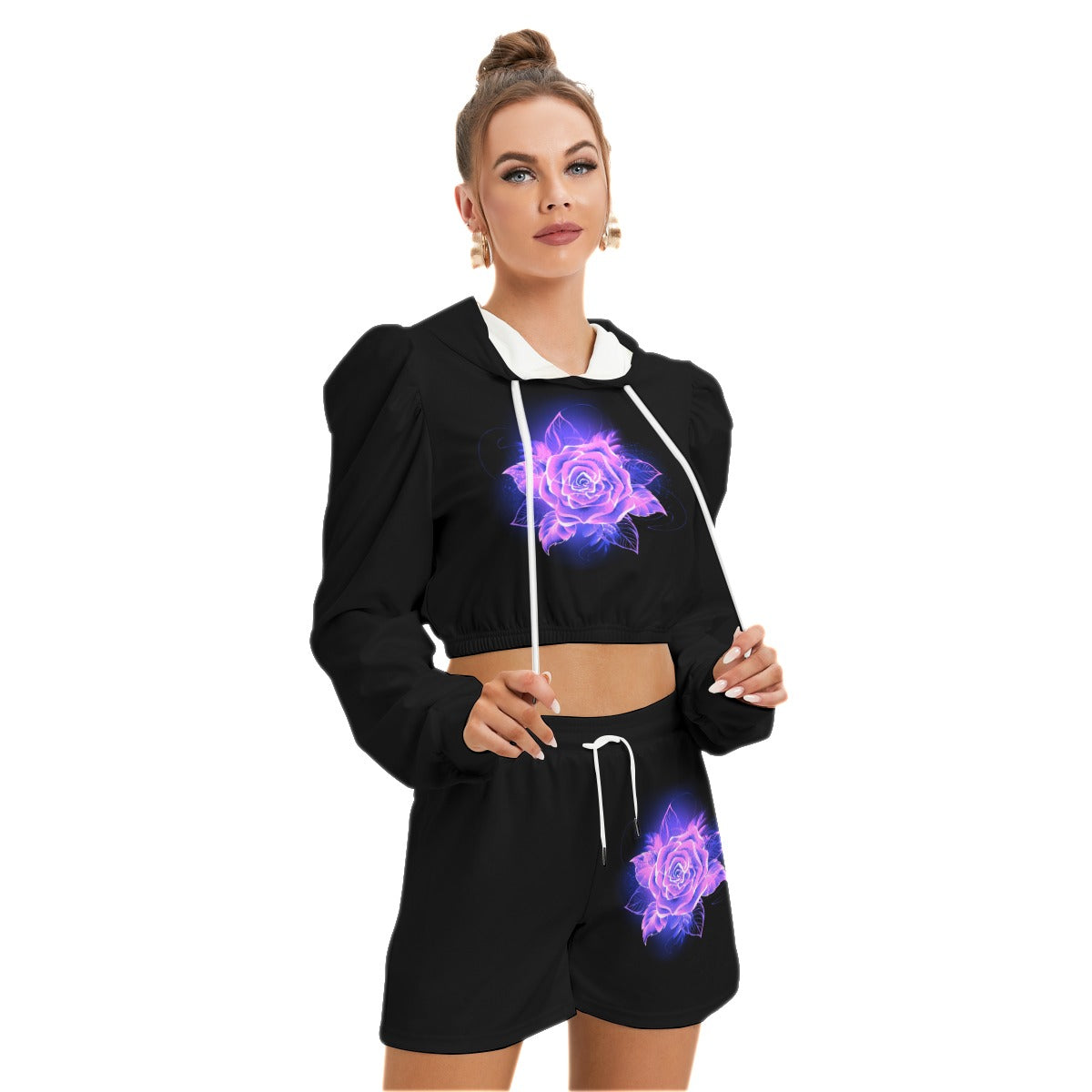 Blooming Purple Rose Women's Micro Fleece Hoodie And Shorts Set