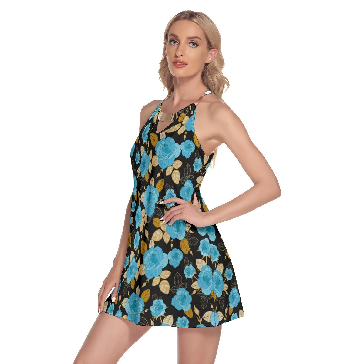 Blue Roses Women's Round Neck Above Knee Dress