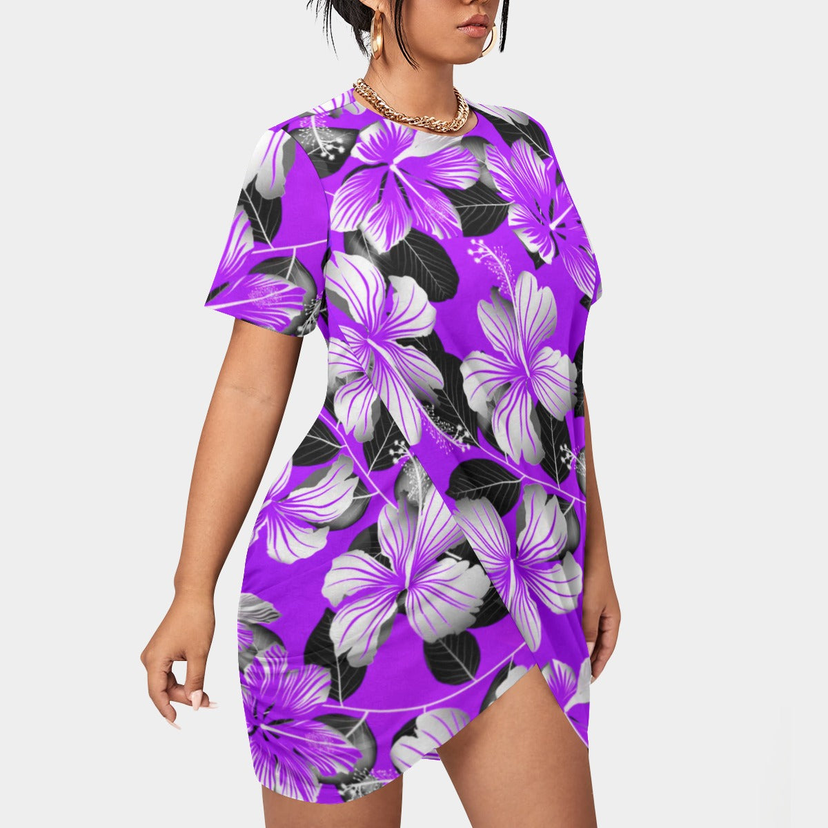 Women’s Tropic Style Stacked Hem Dress With Short Sleeve(Plus Size)