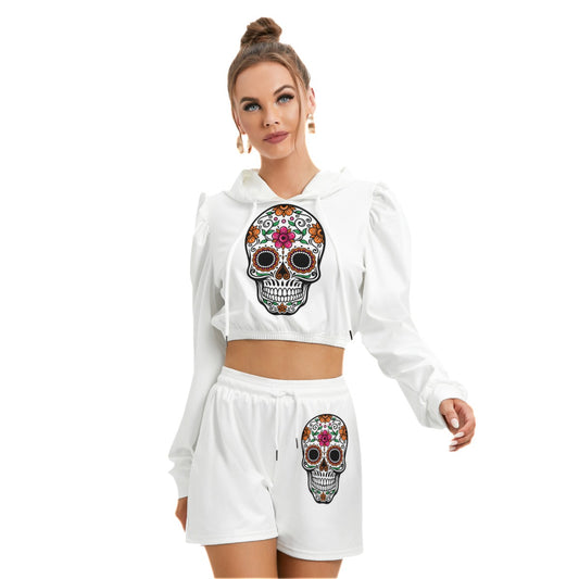 Sugar Skull White Women's Micro Fleece Hoodie And Shorts Set