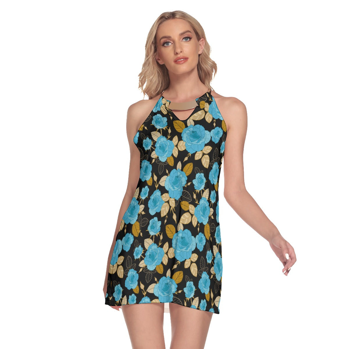 Blue Roses Women's Round Neck Above Knee Dress