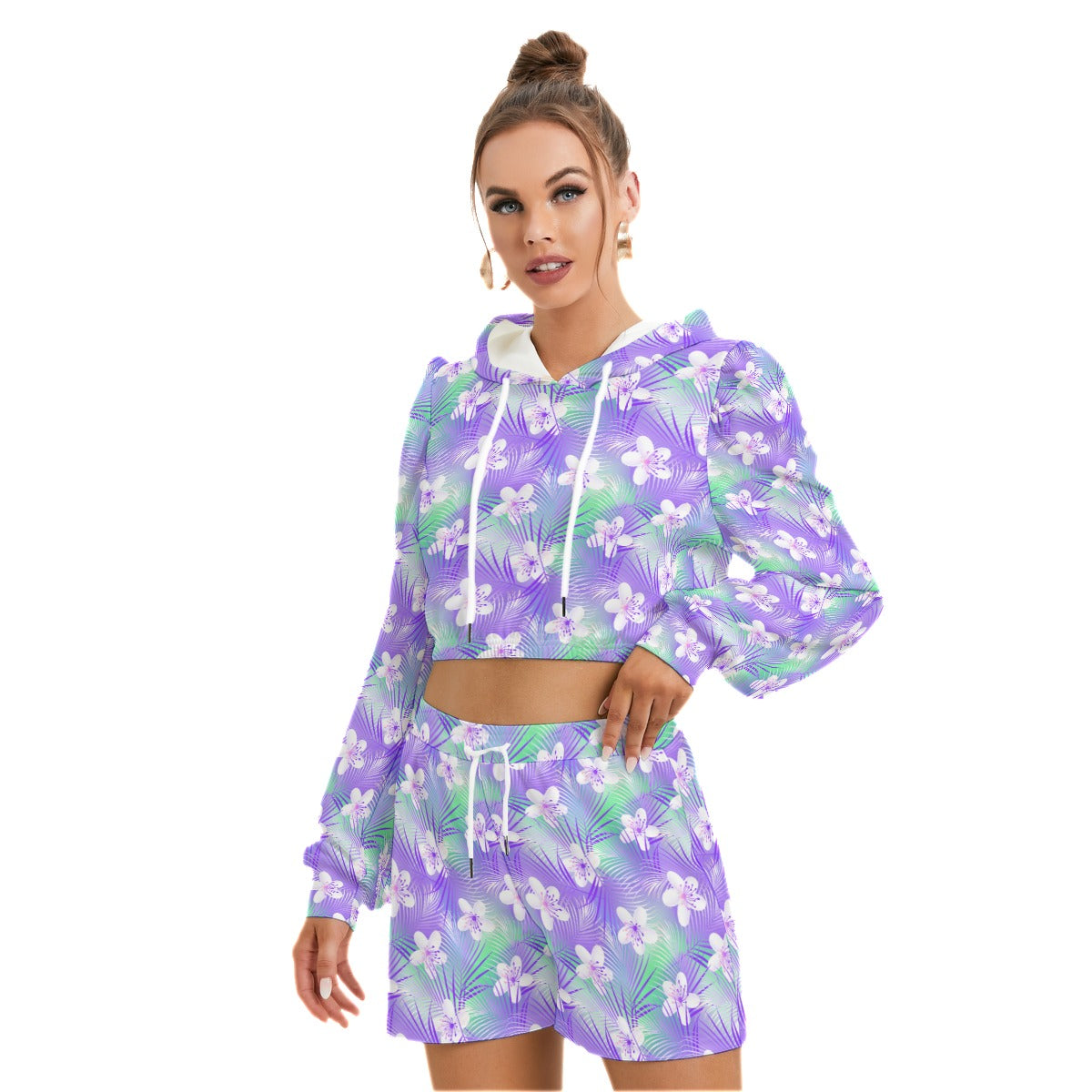 Tropical Frangipani Hibiscus With Palms Women's Micro Fleece Hoodie And Shorts Set