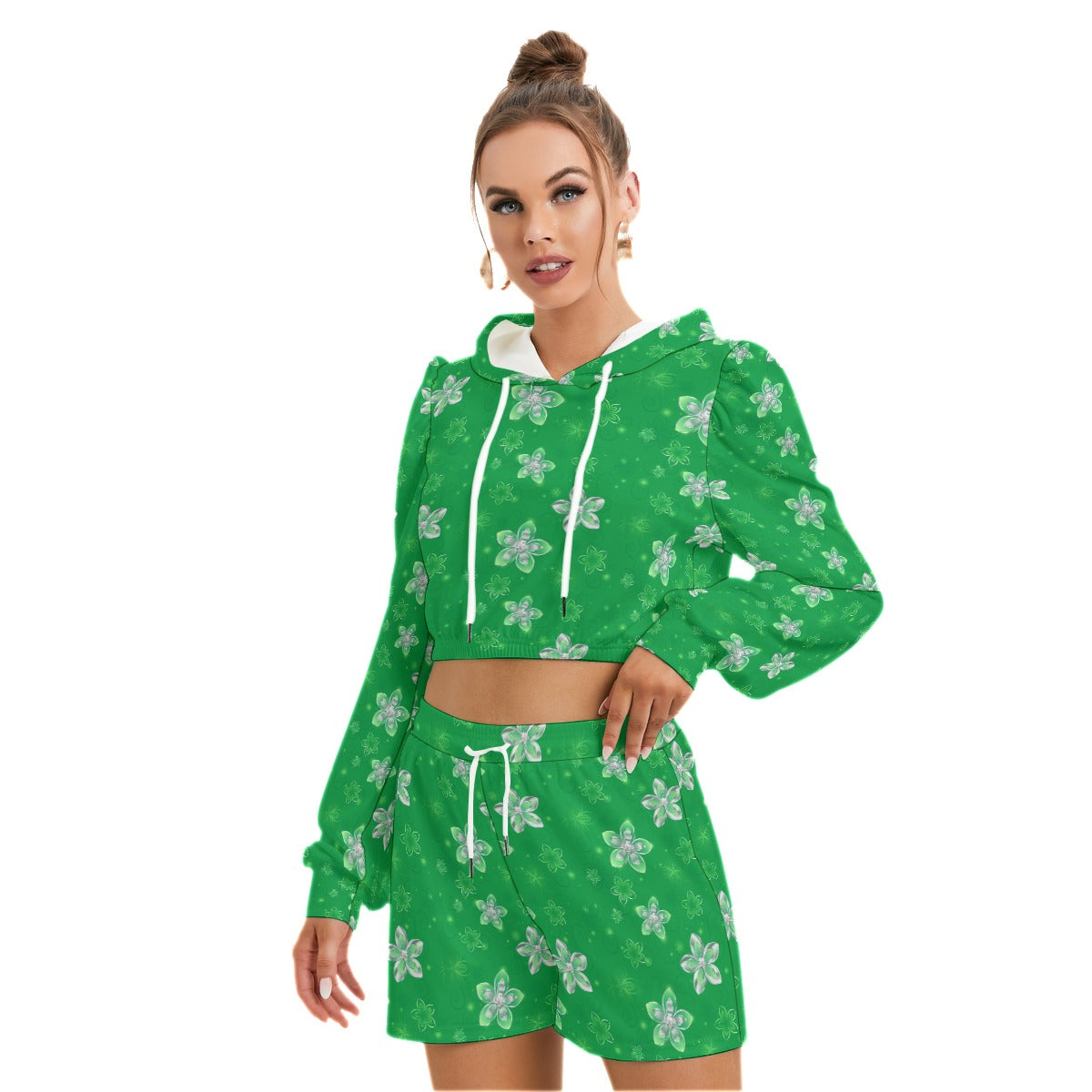 Green With Silver Flowers Women's Micro Fleece Hoodie And Shorts Set