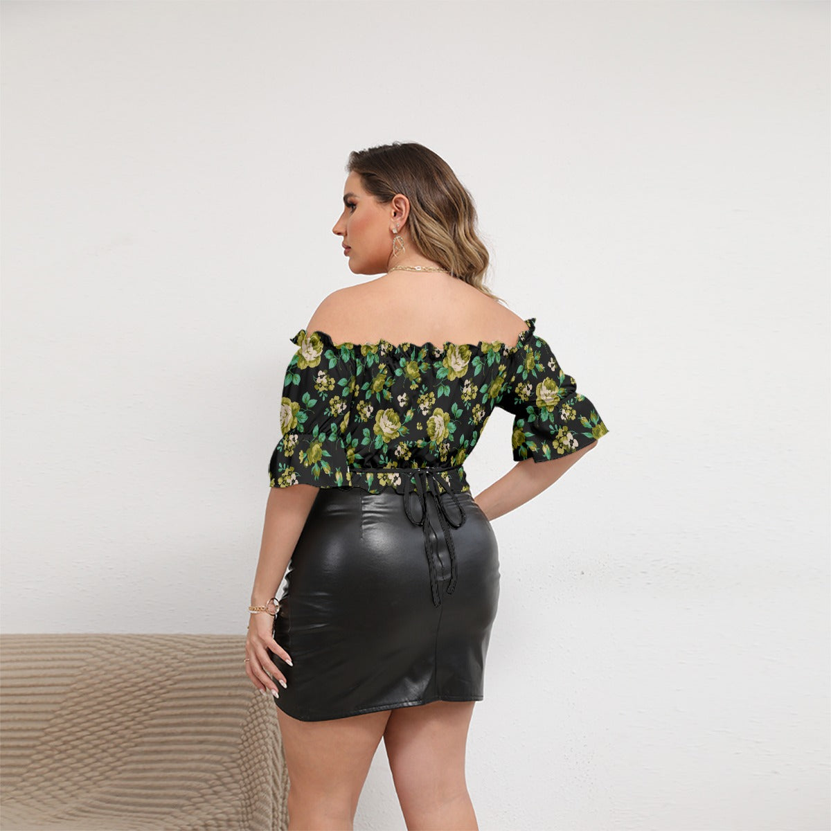 Yellow Roses Women's Black Off-shoulder Cropped Top With Short Puff Sleeve
