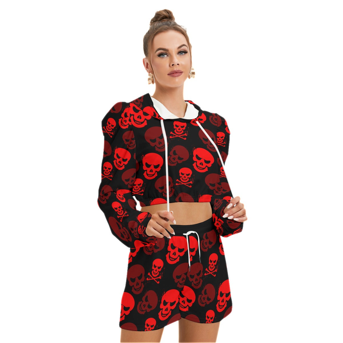 Red Skulls Women's Micro Fleece Hoodie And Shorts Set