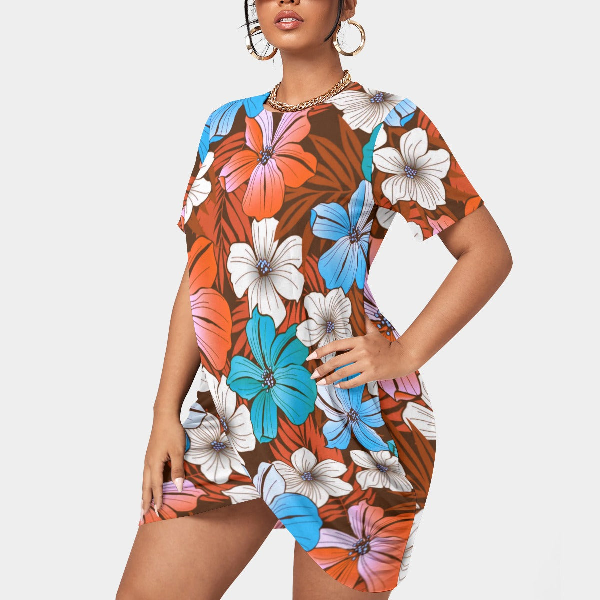 Women’s Tropical Summer Stacked Hem Dress With Short Sleeve(Plus Size)