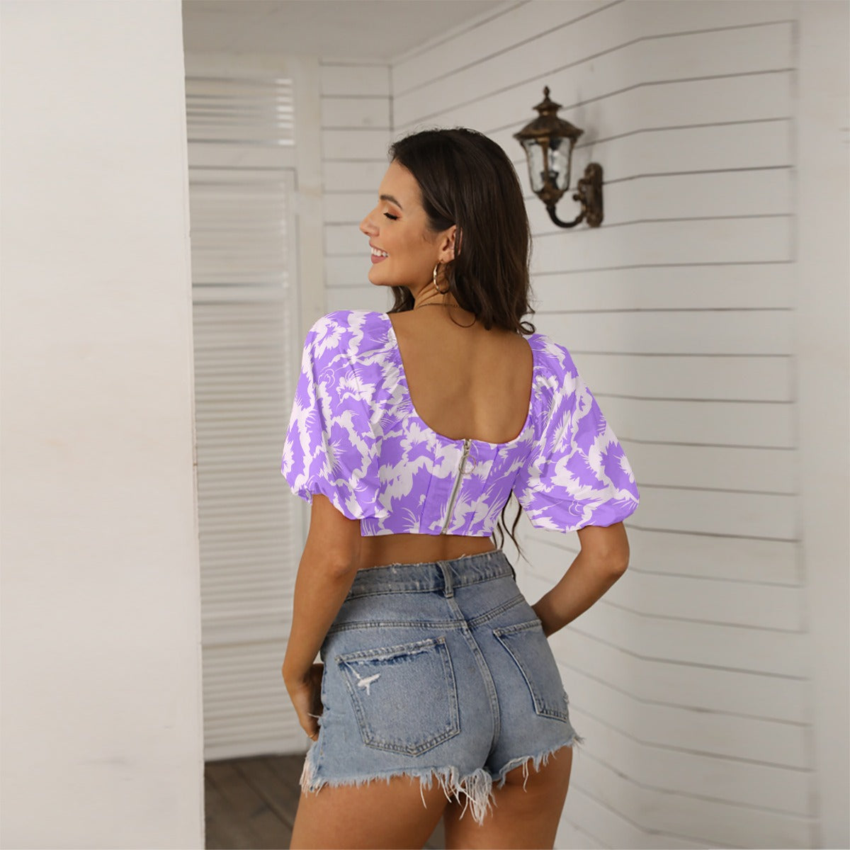 Purple With White Abstract Women's Square Collar Cropped Top With Puff Sleeve
