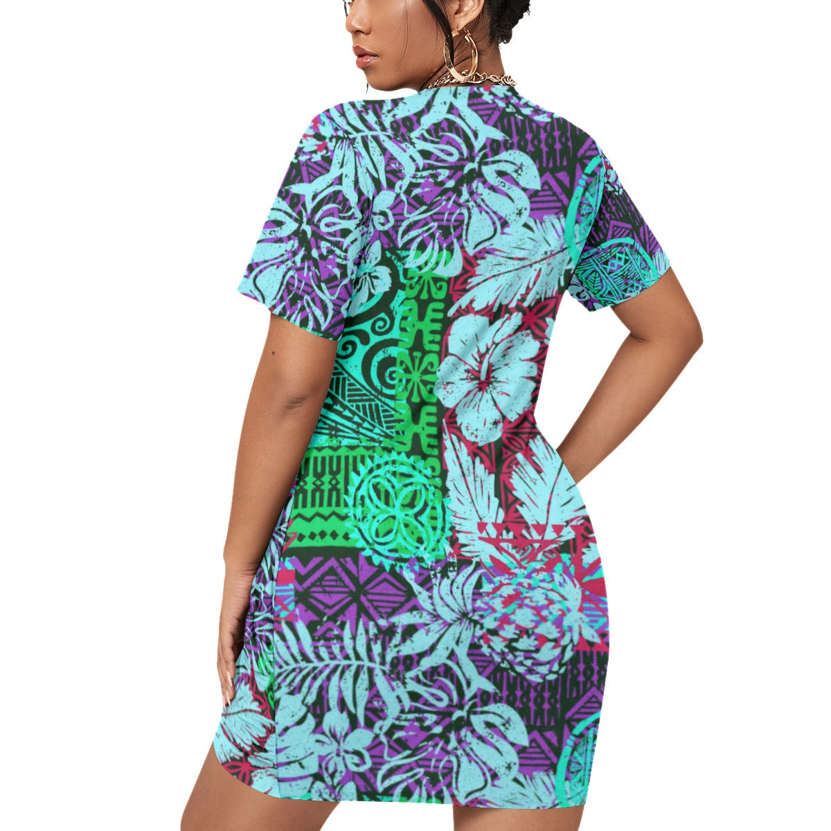 Hawaiian Style Women’s Stacked Hem Dress With Short Sleeve(Plus Size)