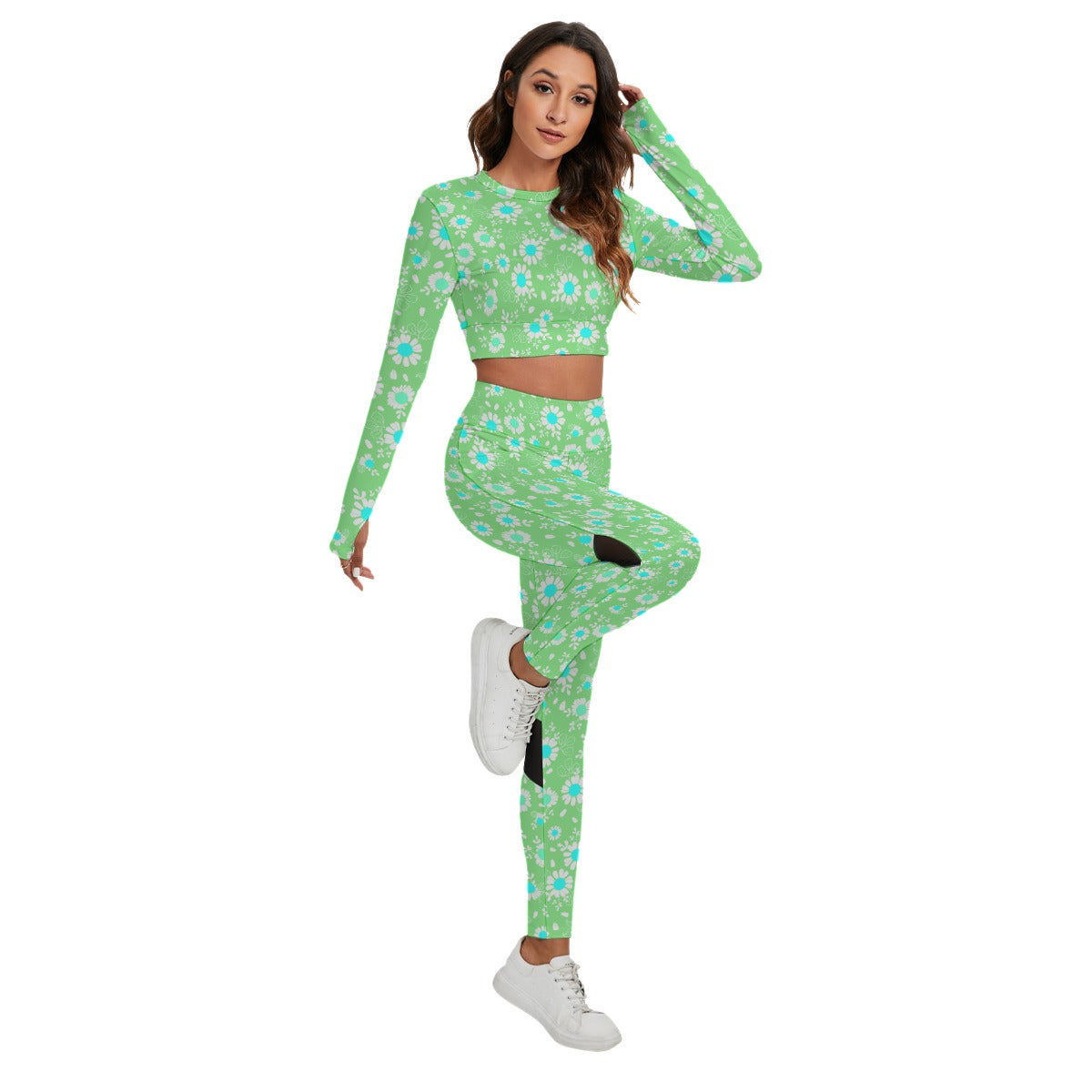 Green Daisies Women's Sport Set With Backless Top And Leggings