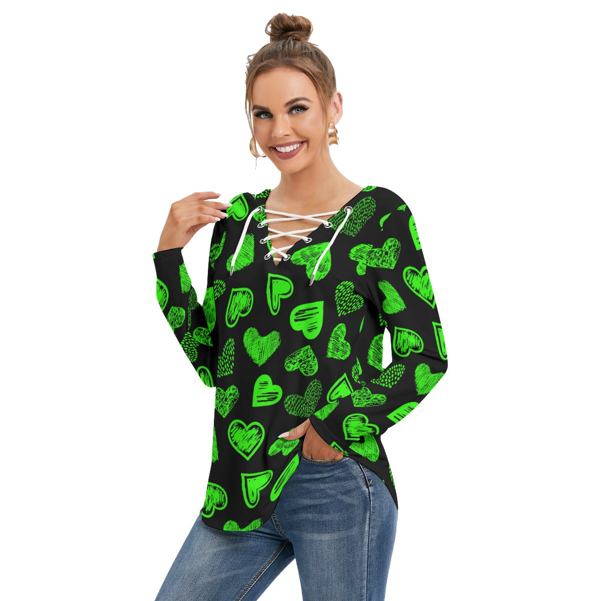 Black With Green Doodle Hearts Women's Long Sleeve Neckline Tie Sweatshirt