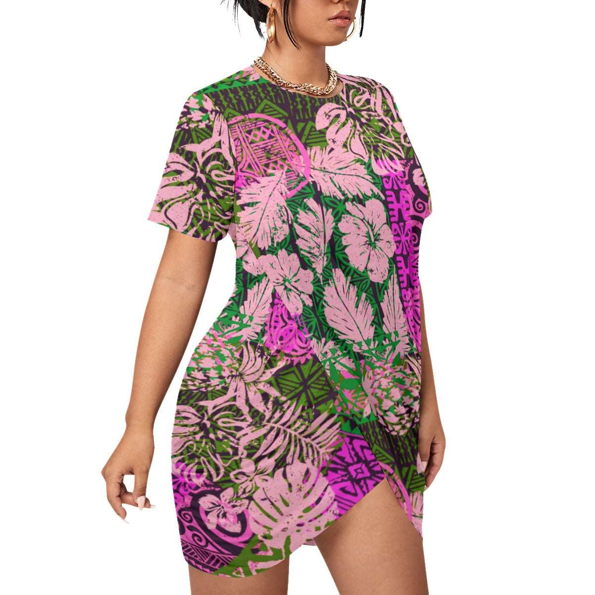 Hawaiian Style Women’s Stacked Hem Dress With Short Sleeve(Plus Size)