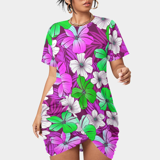 Women’s Tropical Summer Stacked Hem Dress With Short Sleeve(Plus Size)