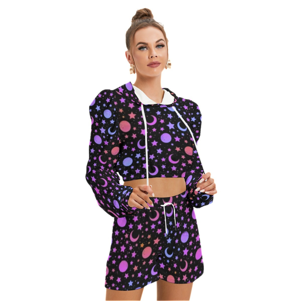 Mystical Pattern With Moon & Stars Women's Micro Fleece Hoodie And Shorts Set