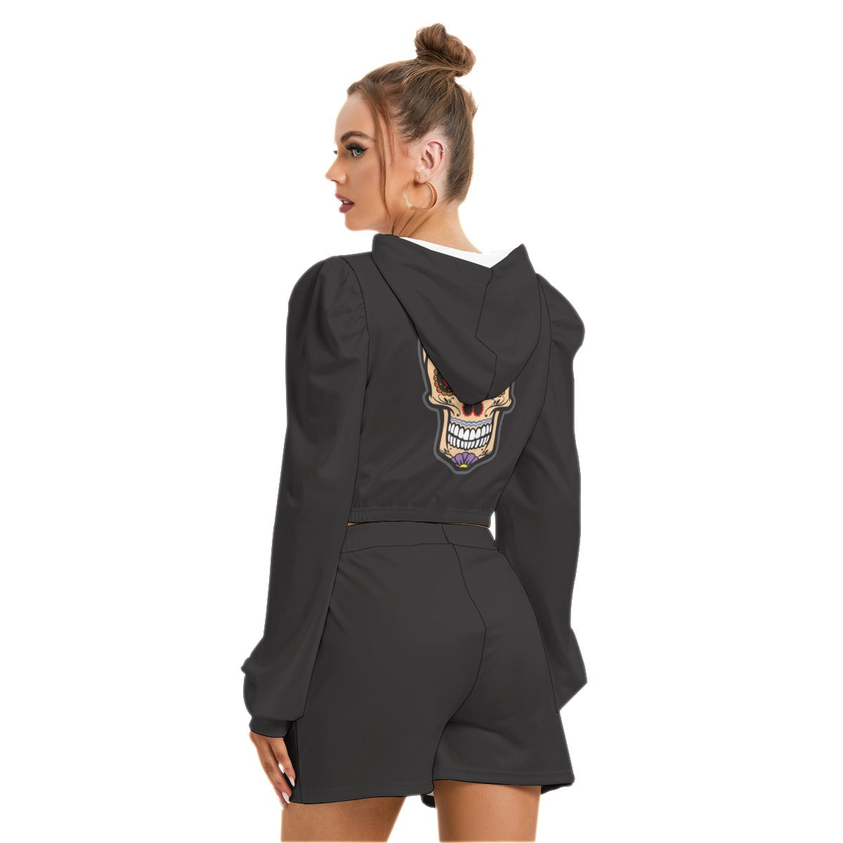 Sugar Skull Black Women's Micro Fleece Hoodie And Shorts Set