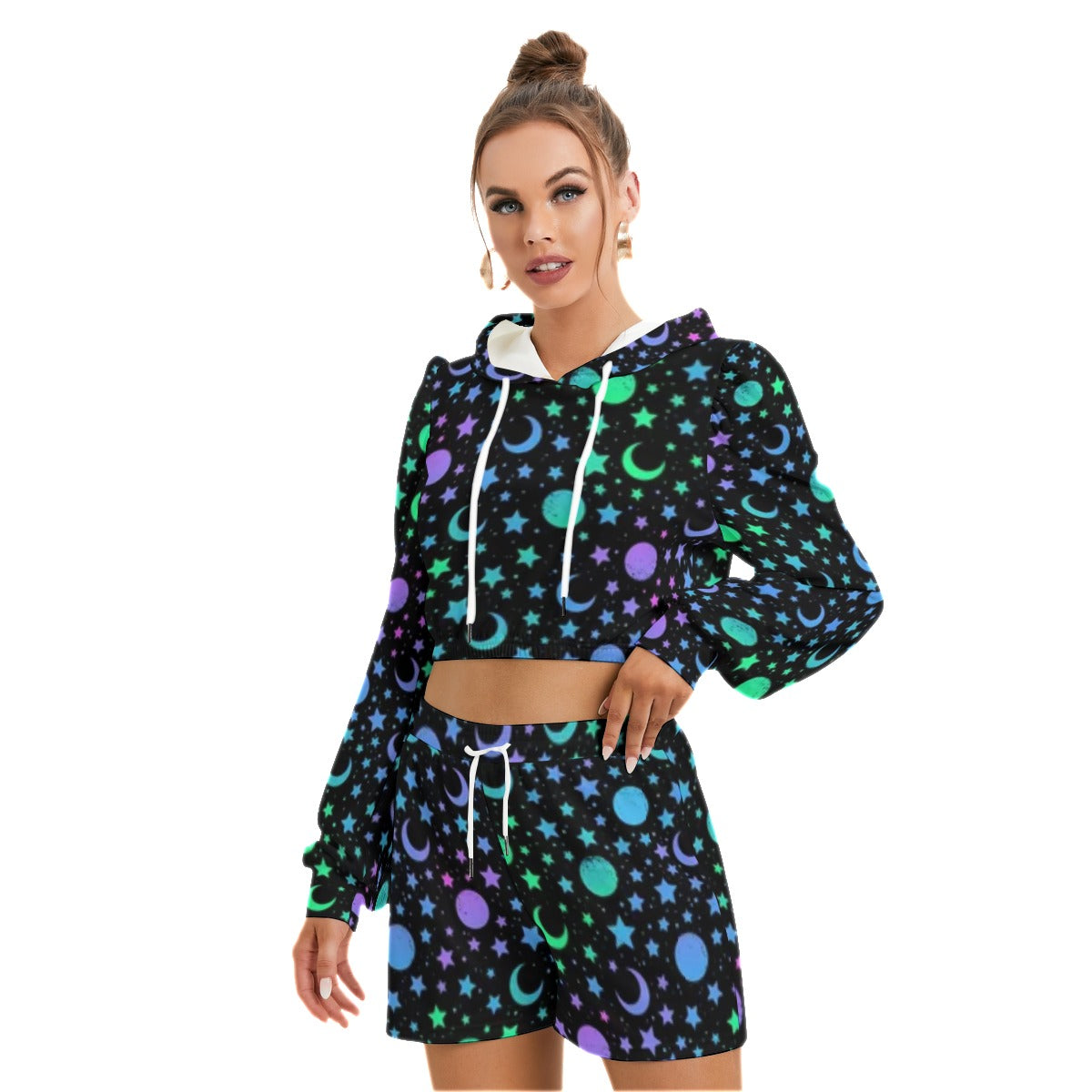 Mystical Pattern With Moon & Stars Women's Micro Fleece Hoodie And Shorts Set
