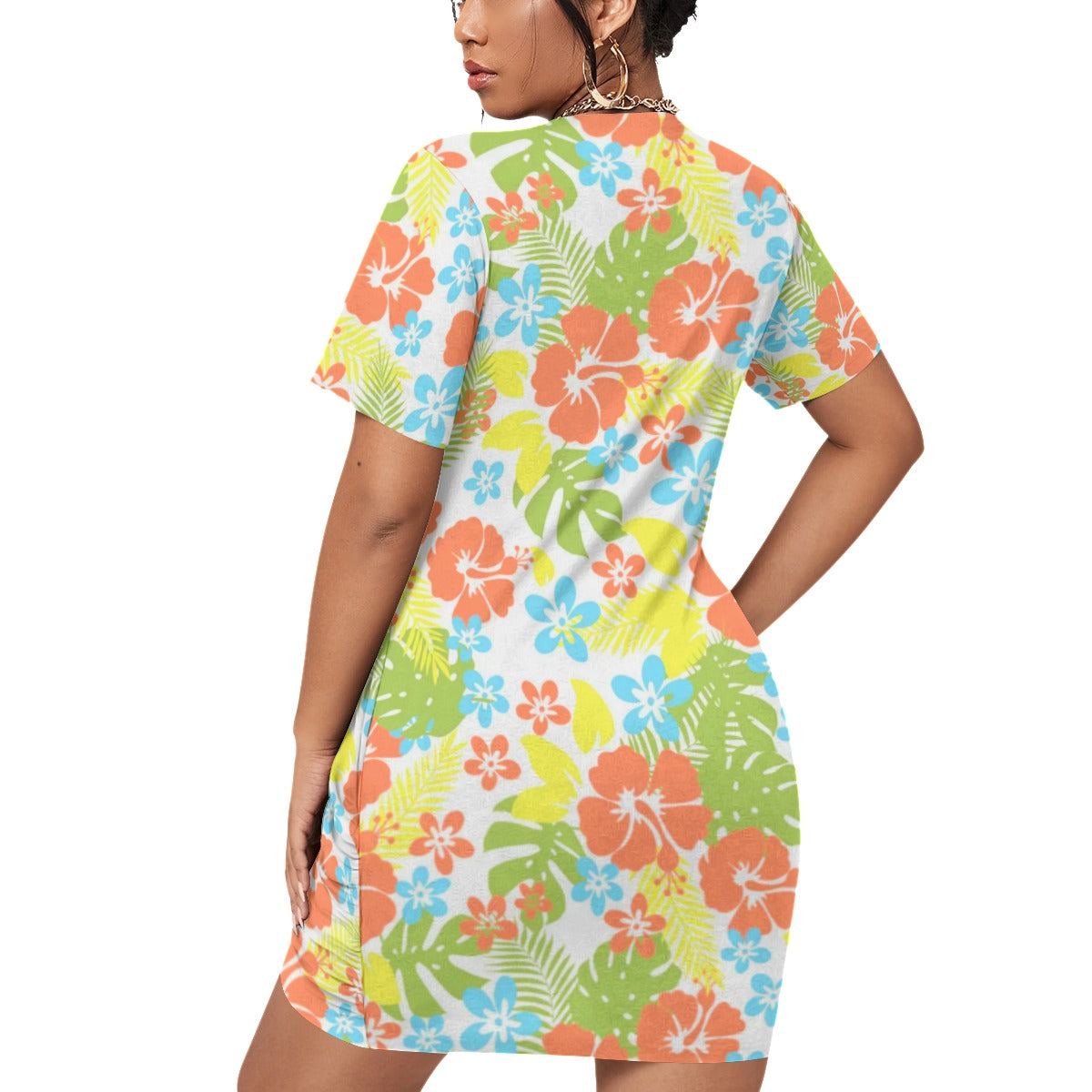 Tropical Hawaiian Flowers Women’s Stacked Hem Dress With Short Sleeve(Plus Size)