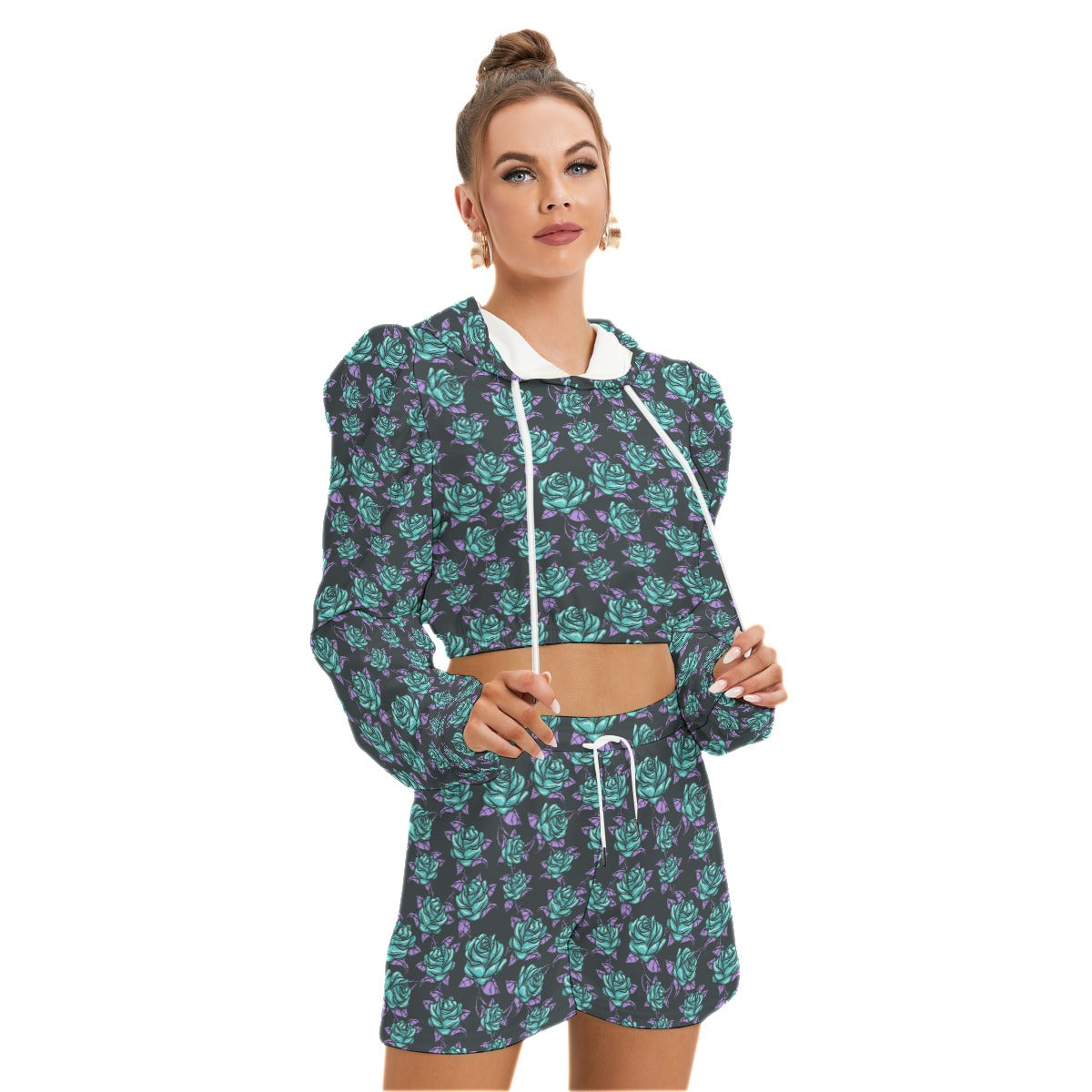 Teal Roses Women's Micro Fleece Hoodie And Shorts Set