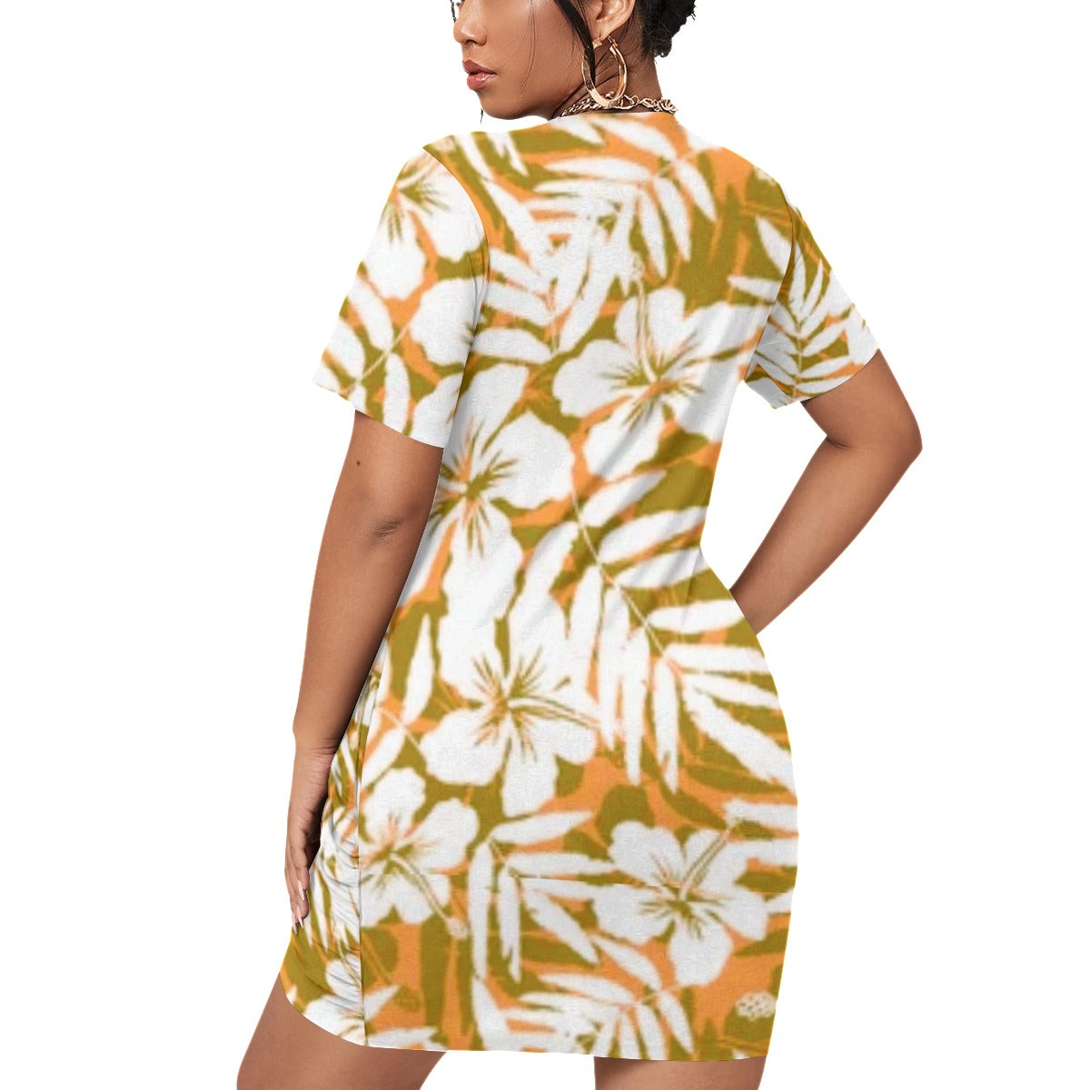 Orange Tropical Flowers Women’s Stacked Hem Dress With Short Sleeve (Plus Size)