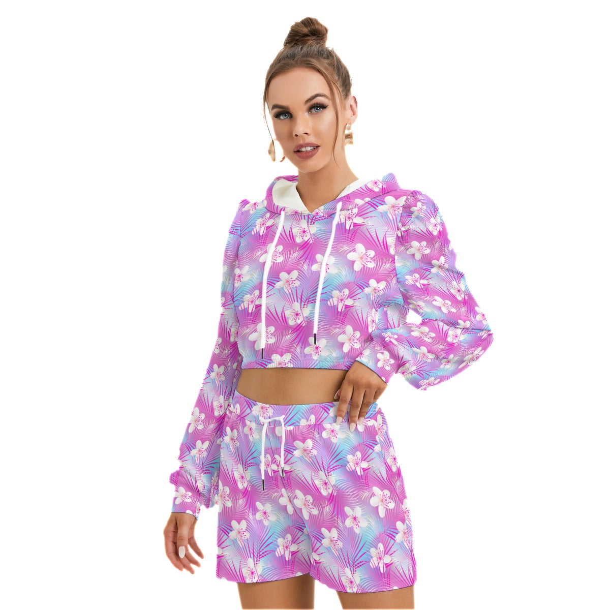 Tropical Frangipani Hibiscus With Palms Women's Micro Fleece Hoodie And Shorts Set