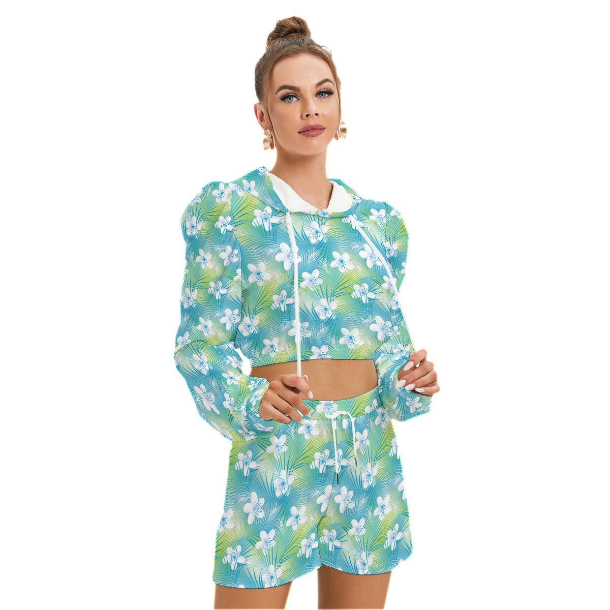 Tropical Frangipani Hibiscus With Palms Women's Micro Fleece Hoodie And Shorts Set